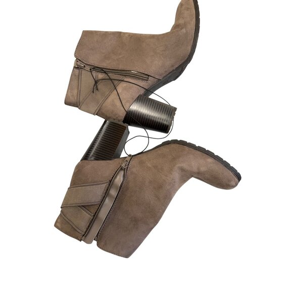 Brown Faux Suede Ankle Boots With Chunky Heel & Side Zipper - Picture 3 of 6